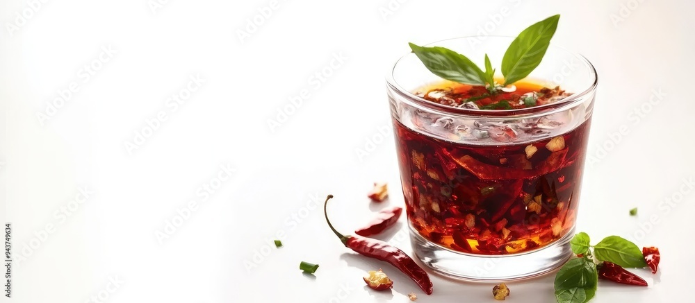 Aufkleber red and green fresh chili in fish sauce nam pla in a clear glass isolated on a white background with