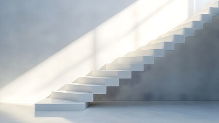 Obraz premium A clean white staircase with a single highlighted step in a minimalist elegant and contemporary architecture interior design with copy space The simple