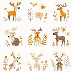 A whimsical illustration of deer and nature elements in warm colors.