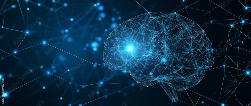 Poster concept design of a brain made of glowing connections on a blue background with neural networks and 