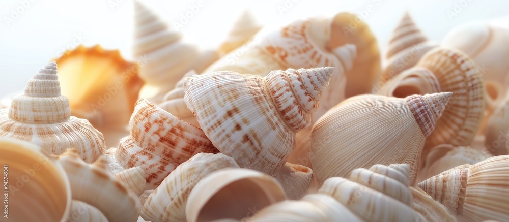 Poster Close up image of sea shells set against a white background. with copy space image. Place for adding text or design