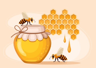 Jar with honey, bee, honeycomb and drops of honey. Concept of honey production and sale, advertising banner, label for honey trade, proper nutrition and healthy lifestyle. Vector illustration.