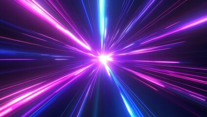 Abstract Light Speed Tunnel with Neon Blue and Purple Rays on Black Background