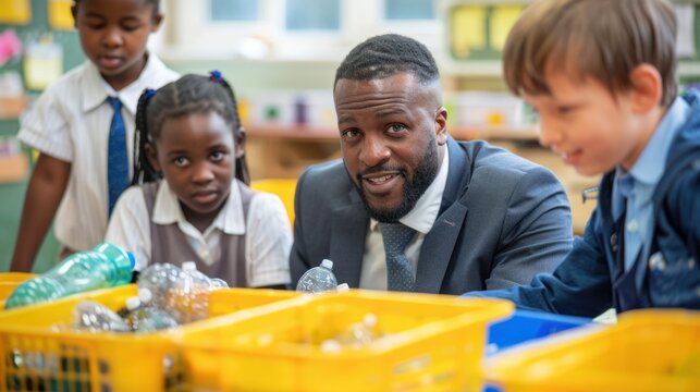 Eco-Friendly Education: Young and Diverse Pupils Learning How to Recycle with Their Teacher in an Elementary School Classroom