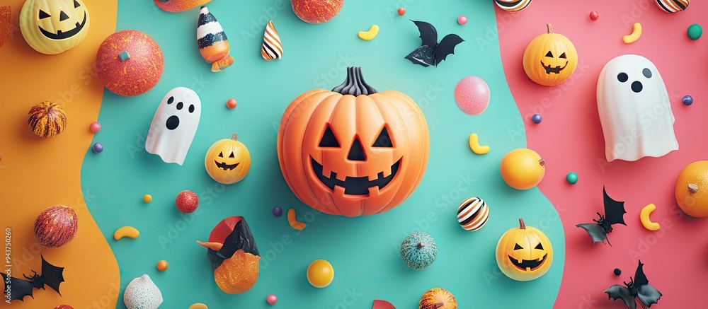 Poster Halloween concept featuring cute objects against a colorful background Top view flat lay style. with copy space image. Place for adding text or design