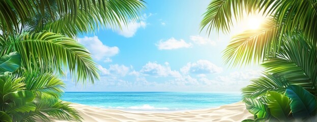 Fototapeta premium Beautiful Summer Tropical Background with Palm Trees, Beach, and Sea