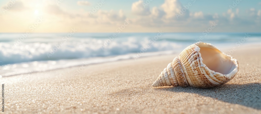Poster shell on a sandy beach. with copy space image. Place for adding text or design