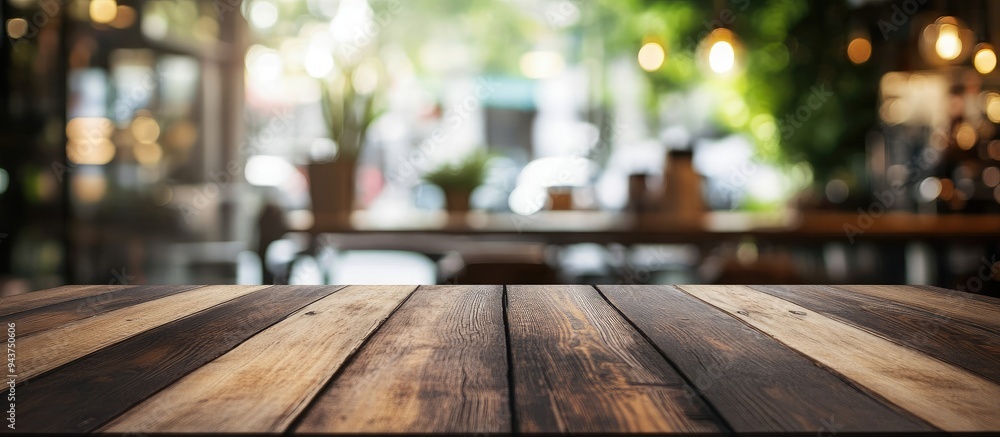 Poster Empty wooden table in front of an abstract blurred coffee shop background The table can be used for showcasing or presenting your products Mock up for displaying product. with copy space image