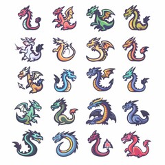 Obraz premium Dragons icon silhouette, dino, wyvern symbols, dinosaurs isolated, mythical monster, minimal flat tattoo