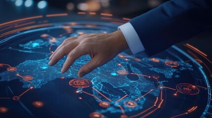 A businessman reaches out to touch a virtual map representing global connections, emphasizing modern business strategies and travel possibilities.