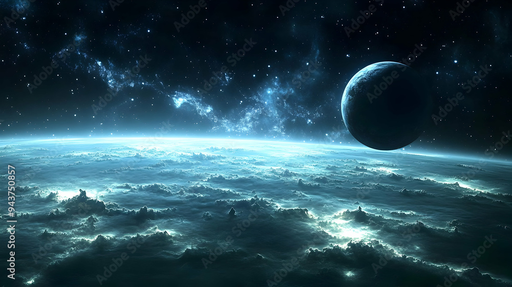 Poster a stunning view of a distant planet with a bright blue glow in the atmosphere and a large moon in th