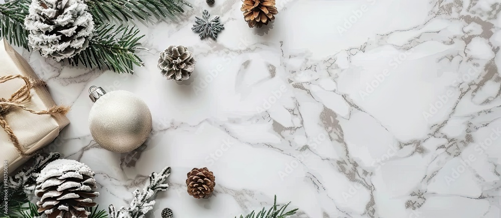 Poster white marble table decorated for christmas with pine branches and pine cones merry christmas and hap