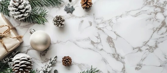 White marble table decorated for Christmas with pine branches and pine cones Merry Christmas and happy new year theme Top view with copy space flat lay