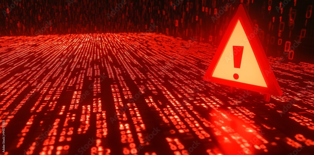 Poster on a digital red background with an orange exclamation sign and warning triangle symbol, an online s