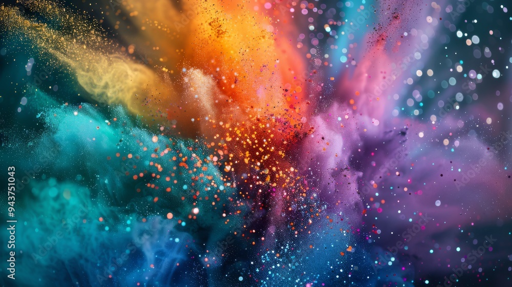 Poster radiant particles of various colors spreading across the frame