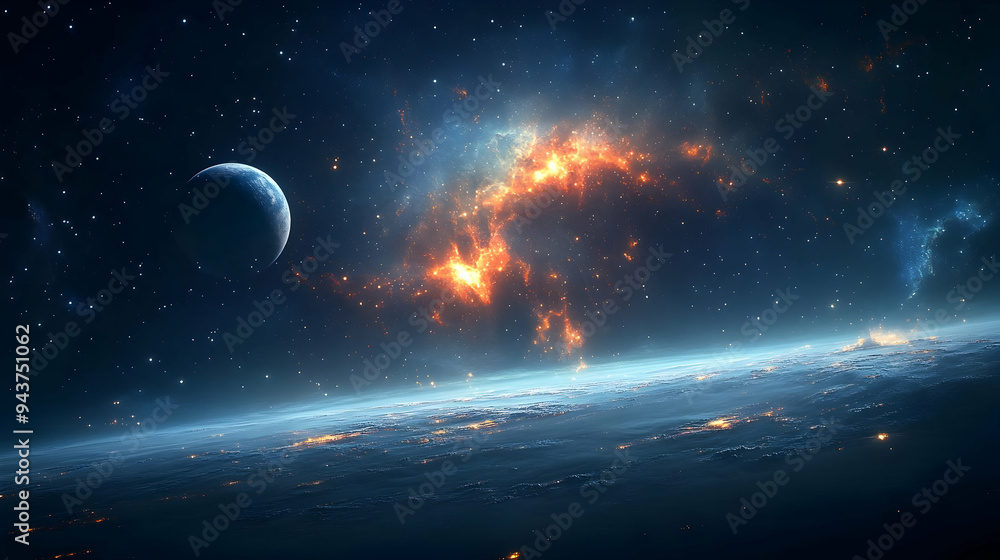 Poster a stunning view of a distant planet with a fiery nebula in the background and a crescent moon in the