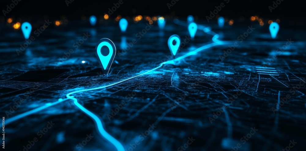 Poster on a dark background, blue glowing location pins are highlighted by dynamic path lines
