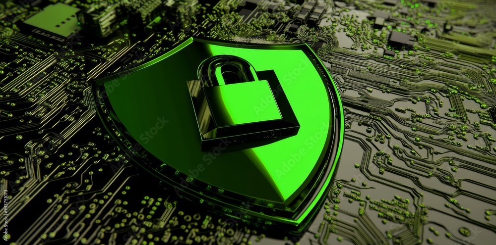Poster stock image of a green cyber security shield on a black background surrounded by network connection 