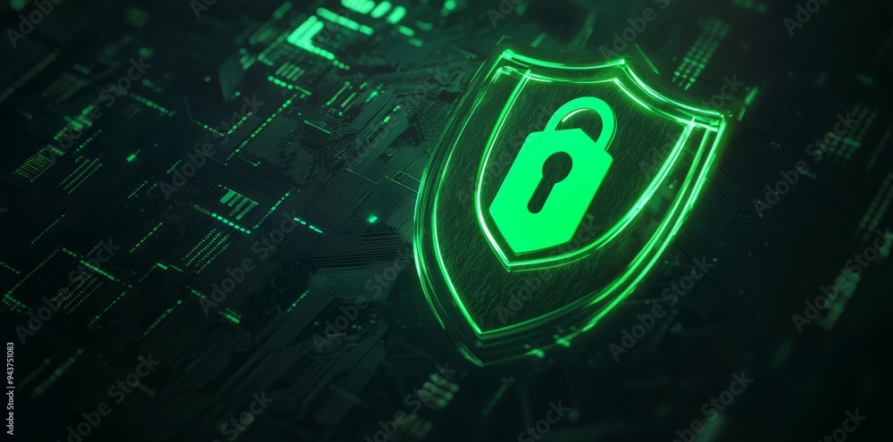 Poster this image represents data protection and security in cyberspace in the form of a digital shield wit