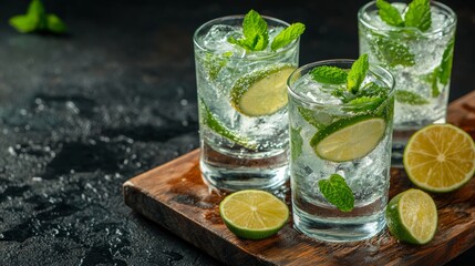 Refreshing mojito cocktails with lime and mint served on a dark stone surface