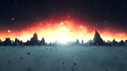 Fototapeta premium A stunning view of a distant planet with a fiery sky and a majestic mountain range.