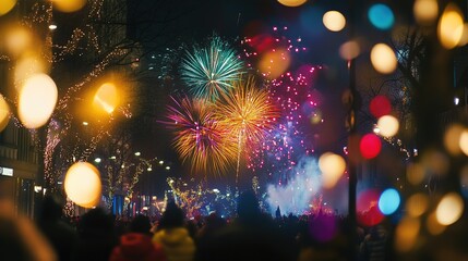 Colorful fireworks illuminate a city street adorned with festive lights during a New Year celebration at midnight