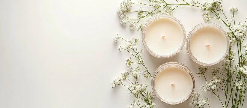 Set for homemade natural eco soy wax candles on a white background Crafting DIY candles Top view copyspace