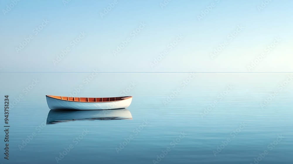Poster a serene minimalist composition featuring a lone boat floating on calm reflective waters with ample 