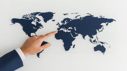 A businessman reaches out to touch a virtual map representing global connections, emphasizing modern business strategies and travel possibilities