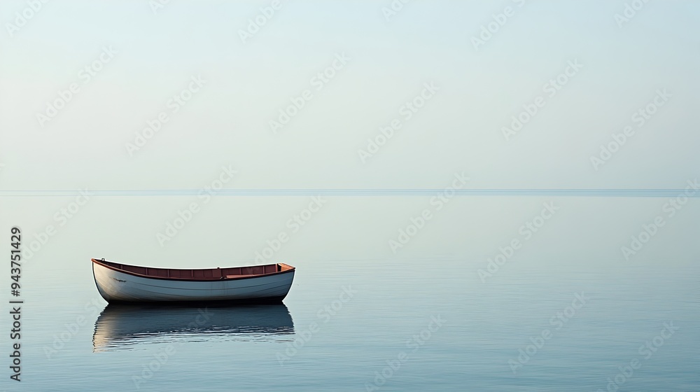 Aufkleber Serene and tranquil scene of a solitary boat floating on a calm empty sea with a beautiful horizon line and copy space for text or graphic overlay