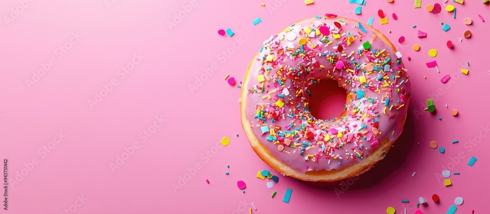 Leinwandbilder top view of a bitten doughnut adorned with colorful confetti on a vibrant pink background. with copy