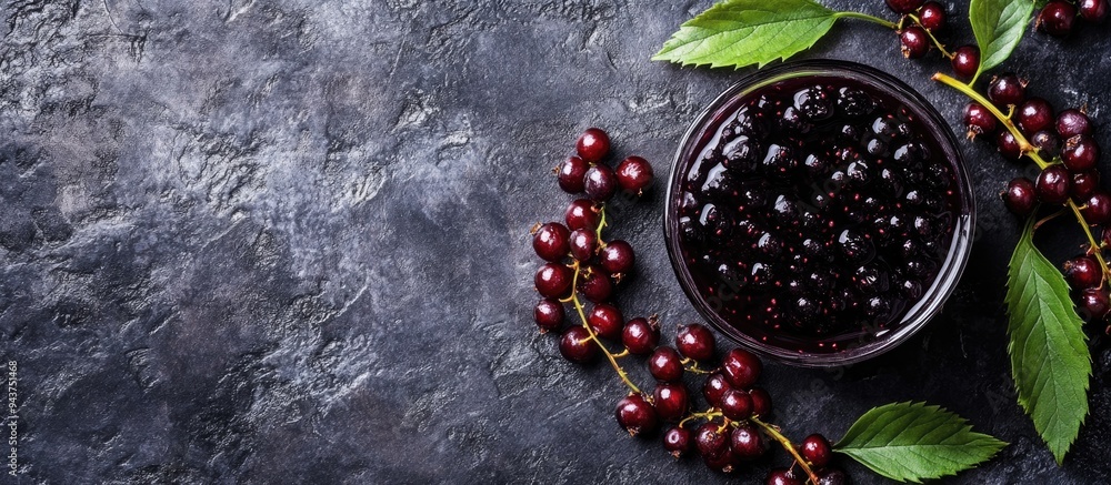 Poster Jam made from black chokeberries Aronia melanocarpa and their berries on a dark table Homemade preserves Top view Horizontal. with copy space image. Place for adding text or design