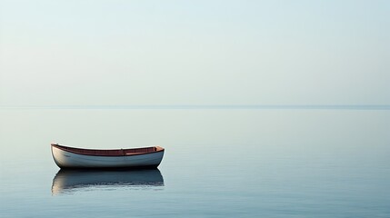 Naklejka premium Serene and tranquil scene of a solitary boat floating on a calm empty sea with a beautiful horizon line and copy space for text or graphic overlay