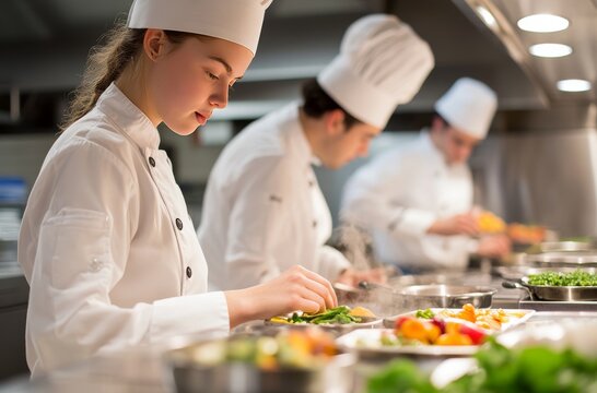 Three Culinary Students Preparing Dishes in White Chef Uniforms in Kitchen