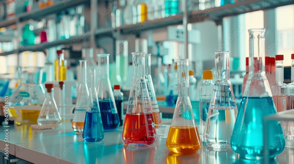 Poster Research team conducting experiments at laboratory benches, with various scientific instruments and data charts in the background.