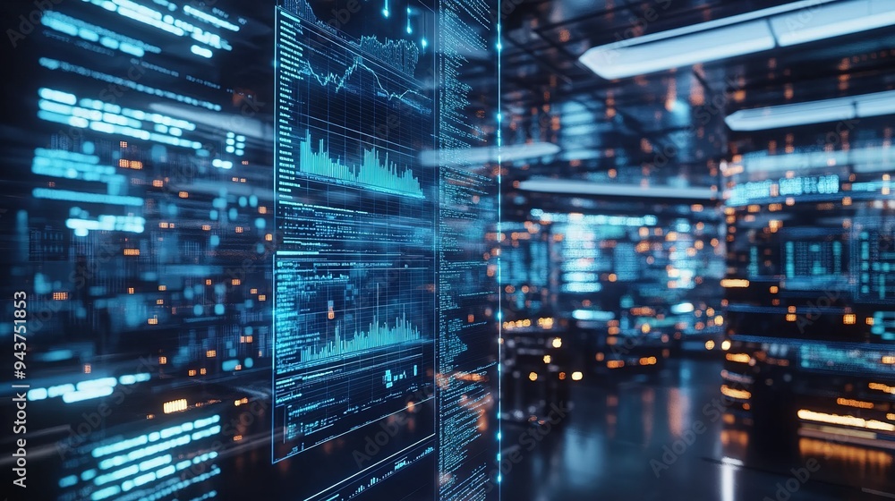 Poster modern data center filled with glowing screens showcasing analytics and digital information in a hig