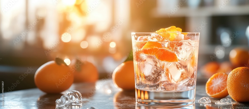 Leinwandbilder close up of a cocktail glass filled with ice and tangerines set against a blurred interior backgroun