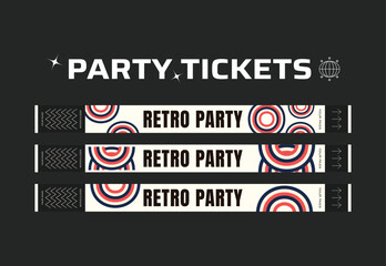 A vector set of control bracelets for a club, disco, concert, festival, event, pass to the fan zone, party in y2k style. Mockup of a bracelet in a futuristic style. Ticket for a festival