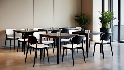 Modern Cafe restaurant interior with empty chair. Contemporary dining experience. Fashionable stylish interior of a summer outdoor cafe.