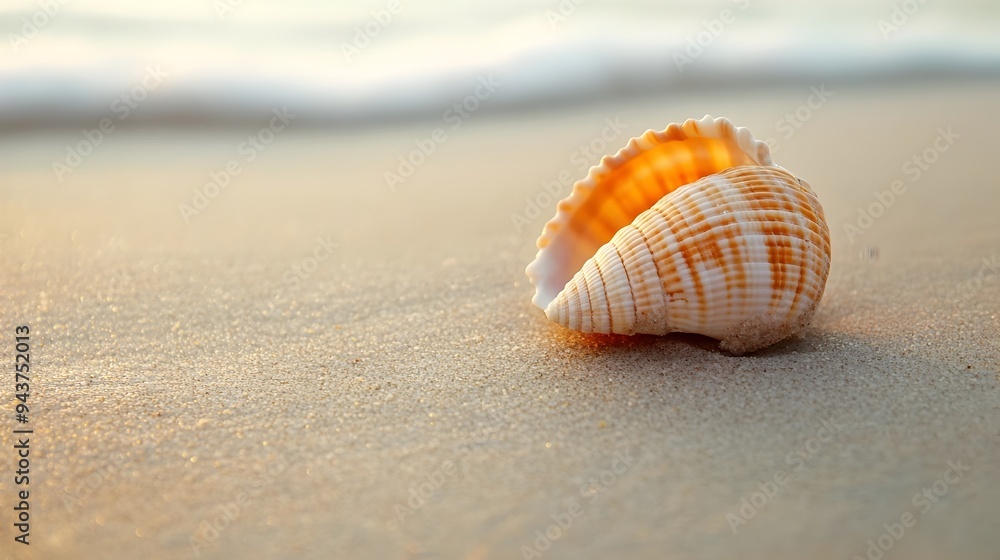 Poster a single seashell resting on a smooth sandy beach with ample copy space for text overlay or design e