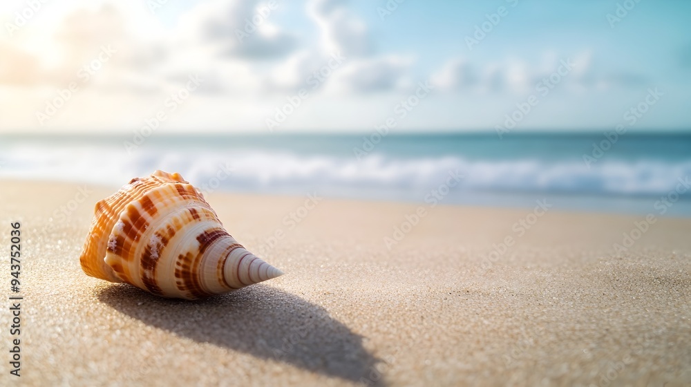 Aufkleber single seashell resting peacefully on a smooth sandy beach with ample copy space for text overlay or