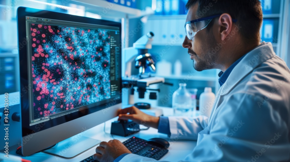 Poster researcher analyzing cell growth on computer screen in lab