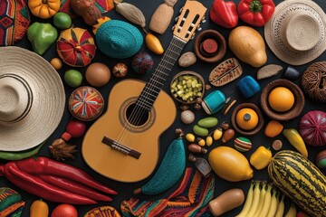 Cultural Symbols Collage: A collage of iconic Hispanic symbols like guitars, maracas, sombreros, and religious artifacts, arranged in a dynamic composition. 