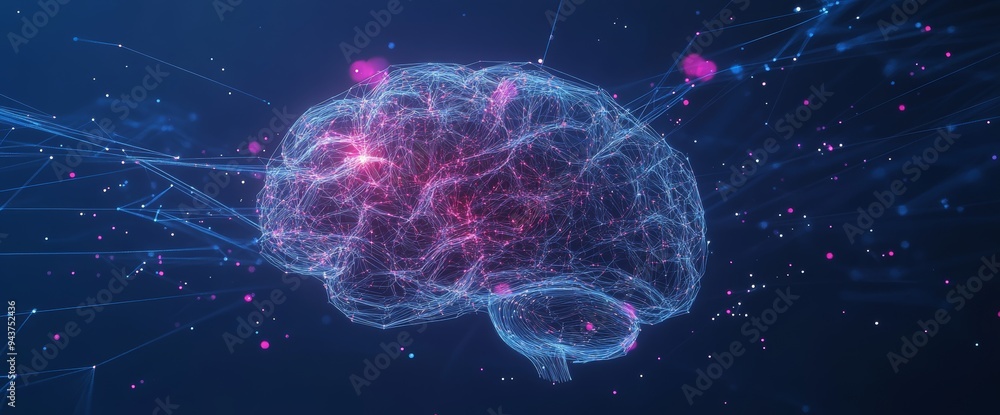 Poster this background features an abstract brain with polygonal grid and is a shade of blue gradient