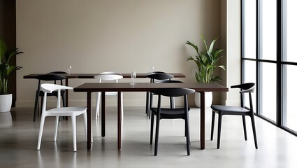 Modern Cafe restaurant interior with empty chair. Contemporary dining experience. Fashionable stylish interior of a summer outdoor cafe.