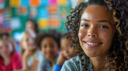 Fototapeta premium Engaging Female Teacher Inspiring Joyful Learning in Elementary School Classroom