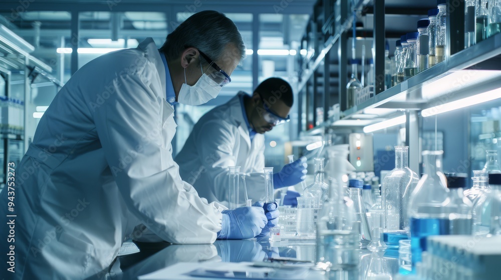 Poster scientists analyzing samples in a high-tech laboratory setting, wearing lab coats and safety goggles