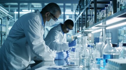 Scientists analyzing samples in a high-tech laboratory setting, wearing lab coats and safety goggles, surrounded by advanced equipment and glassware.