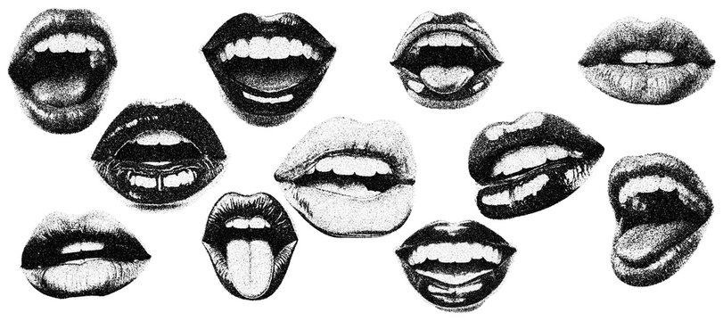 monochrome vector mouth in mezzotint photocopy effect, for grunge punk y2k collage design. lip and tounge talking retro elements. brutalist vintage illustration poster.