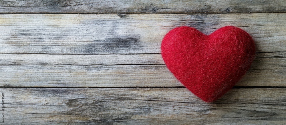 Poster Red felt heart on a wooden backdrop perfect for Valentine s Day. with copy space image. Place for adding text or design